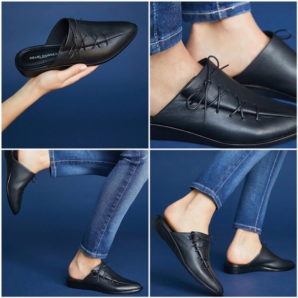 Black Stitched Leather Closed Toe Lace Up Mules - Picture 2 of 8